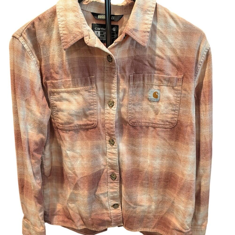 Carhartt Rugged Flex Women's S Pink Plaid Flannel Shirt Loose Fit Workwear